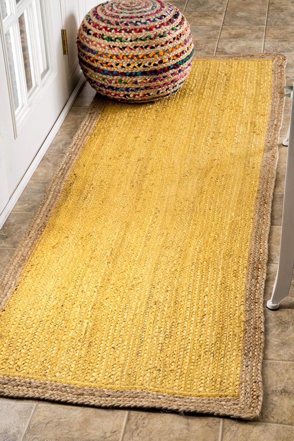Natural Jute Area Rug – Yellow with Beige Border for Bright Home Decor