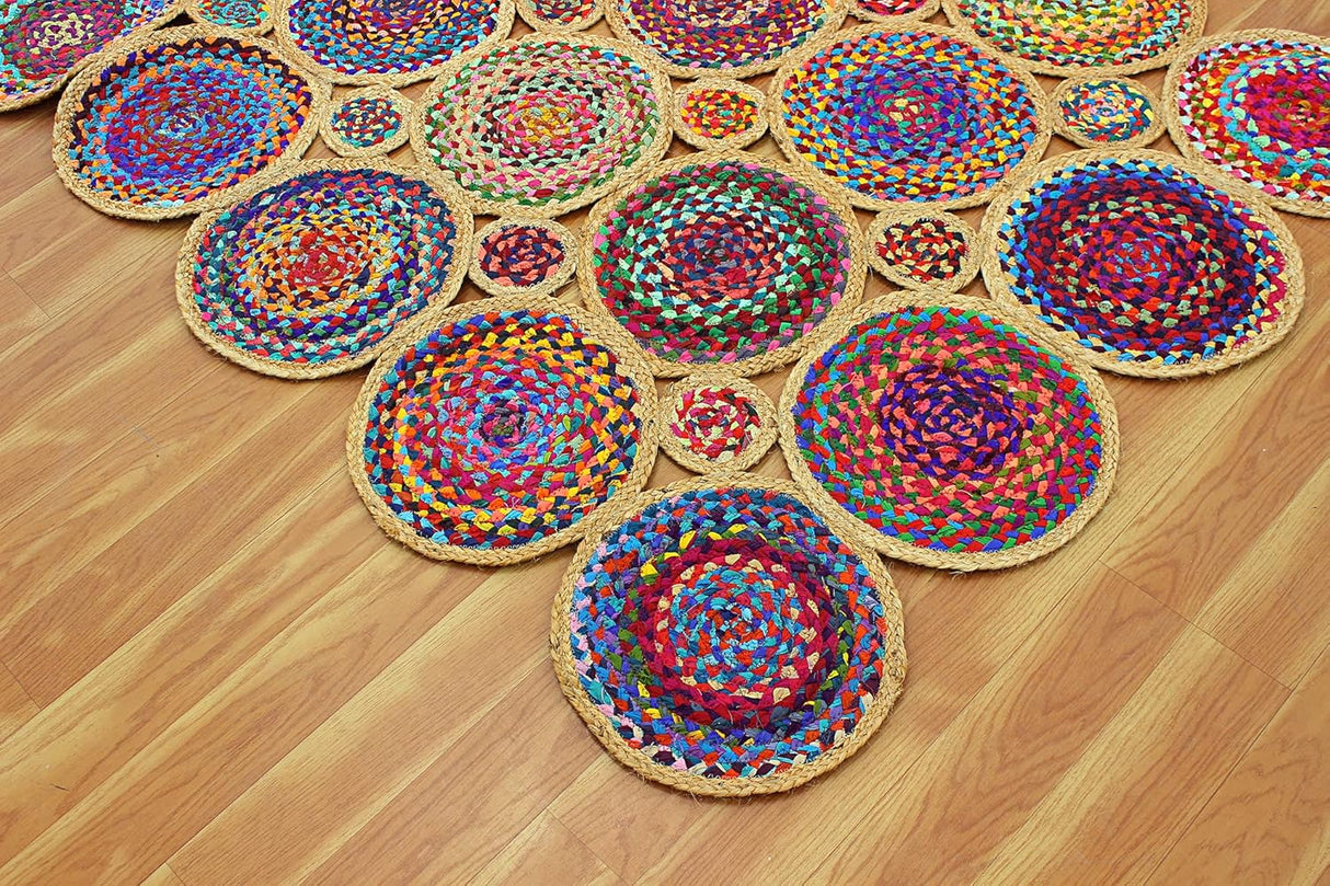 Geometric Beige & Multicolor Colorful Jute Chindi Cotton Area Rug