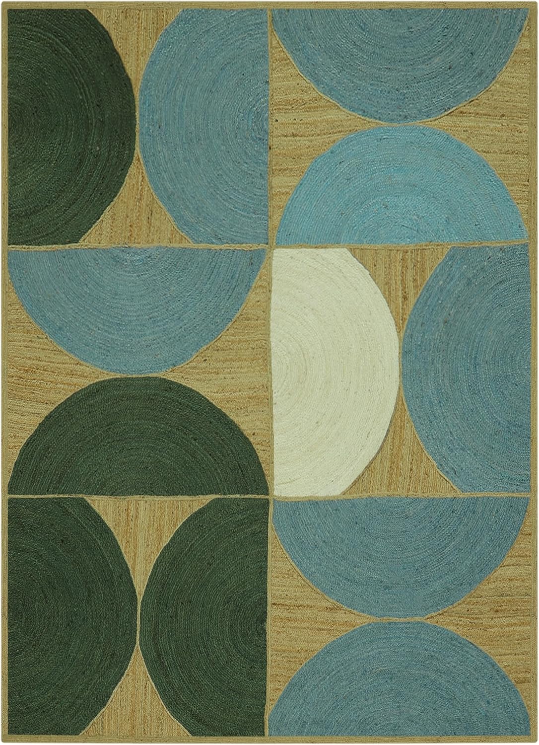 Tapis en jute tressé géométrique vert et bleu, idéal pour les zones à fort trafic dans la chambre 