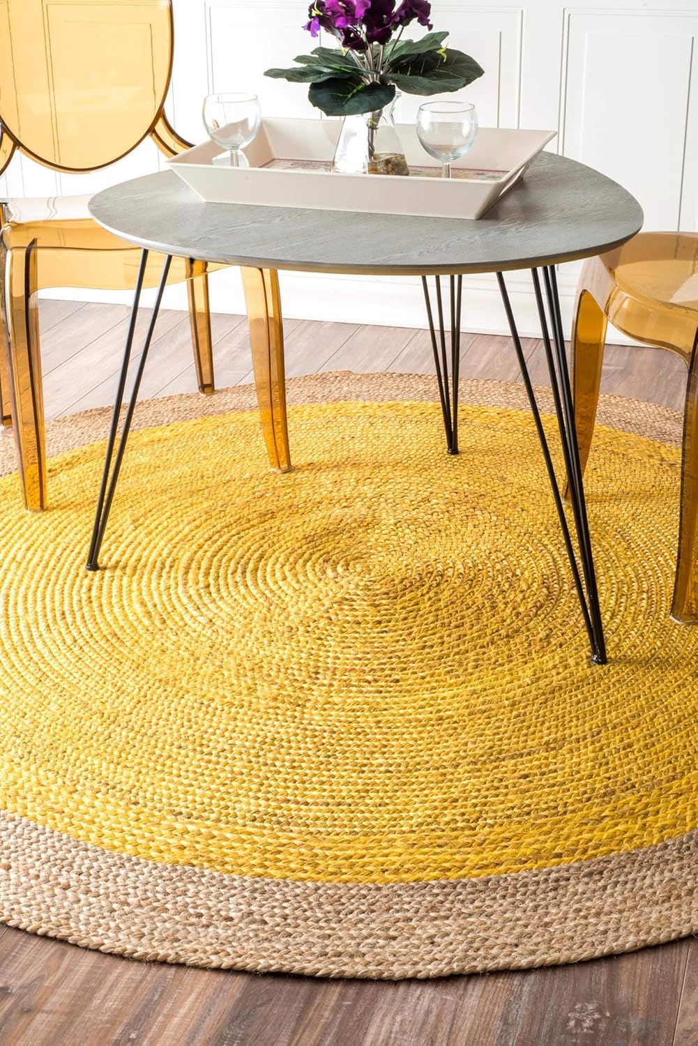 Natural Jute Area Rug – Yellow with Beige Border for Bright Home Decor