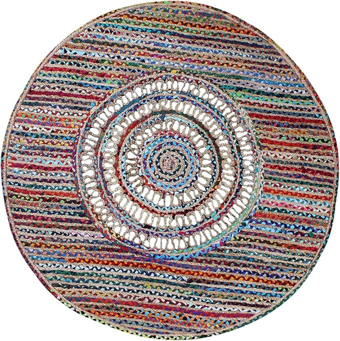 Round Geometric Multicolor Beige Chindi Cotton Jute Area Rug
