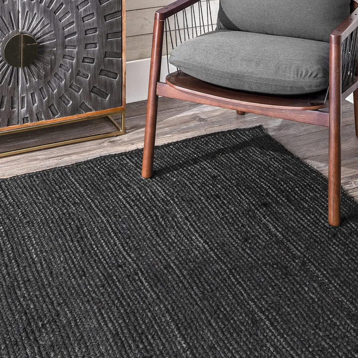 Natural Hand Braided Bohemian Black Jute Area Rugs