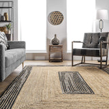 Braided Jute and Cotton Border Luxury Area Rugs, Beige-Black
