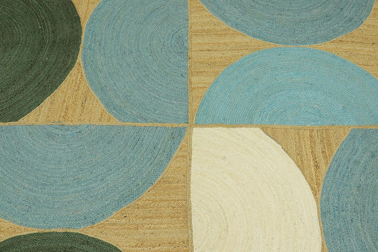 Tapis en jute tressé géométrique vert et bleu, idéal pour les zones à fort trafic dans la chambre 
