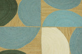 Tapis en jute tressé géométrique vert et bleu, idéal pour les zones à fort trafic dans la chambre 