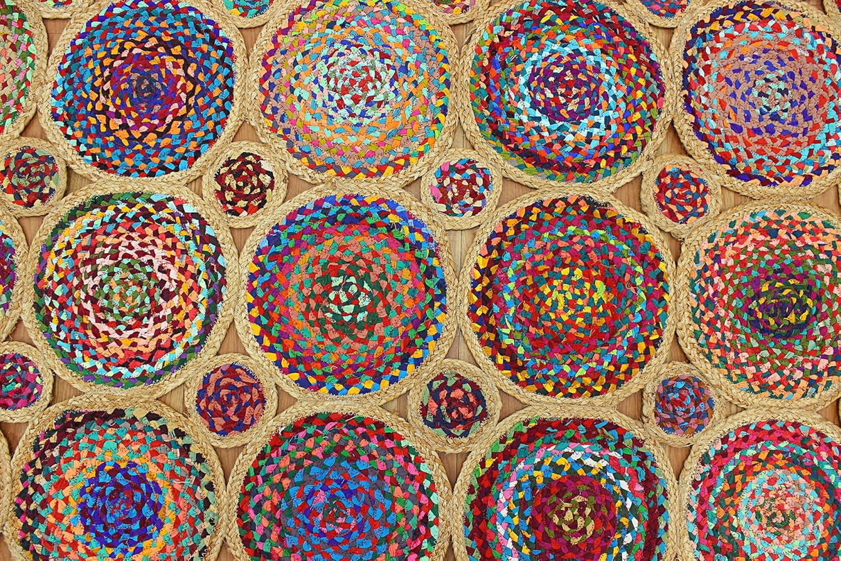 Geometric Beige & Multicolor Colorful Jute Chindi Cotton Area Rug