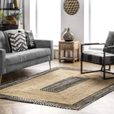 Braided Jute and Cotton Border Luxury Area Rugs, Beige-Black