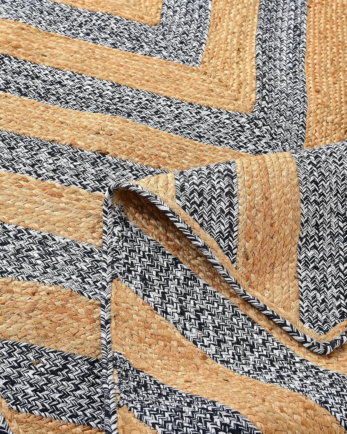 Handmade Boho Unique Design Hand Braided Area Rug For Living Room, Beige-Black