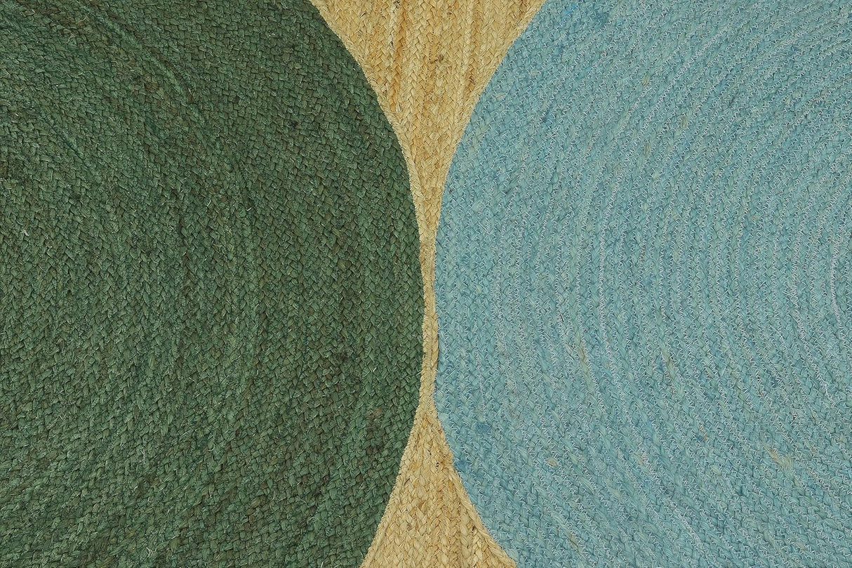 Tapis en jute tressé géométrique vert et bleu, idéal pour les zones à fort trafic dans la chambre 