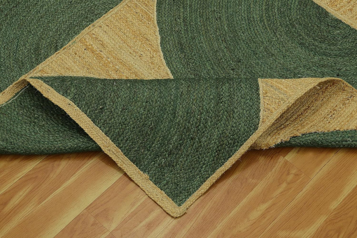 Tapis en jute tressé géométrique vert et bleu, idéal pour les zones à fort trafic dans la chambre 