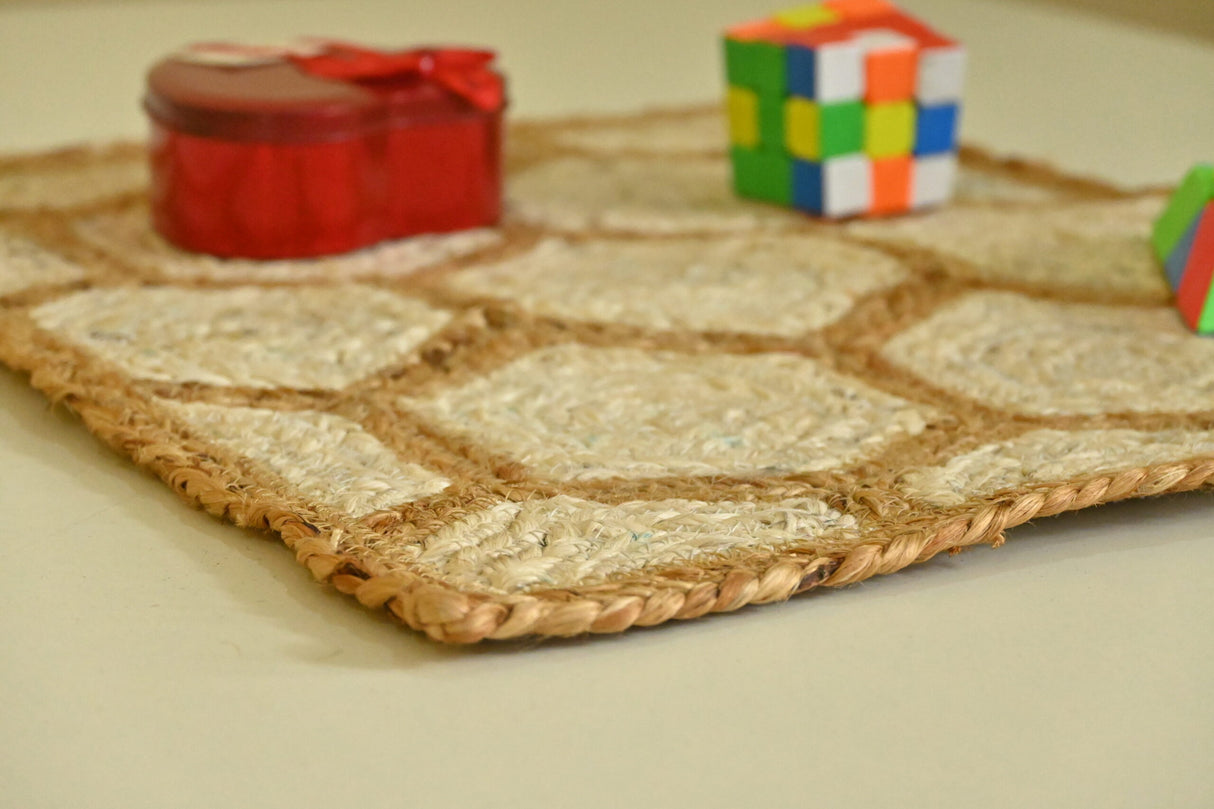 Handmade Beige and Ivory Design Jute Braided Doormat.