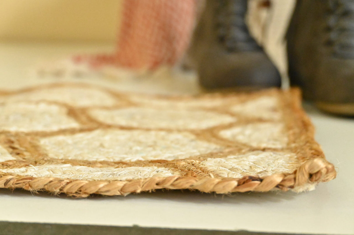 Handmade Beige and Ivory Design Jute Braided Doormat.