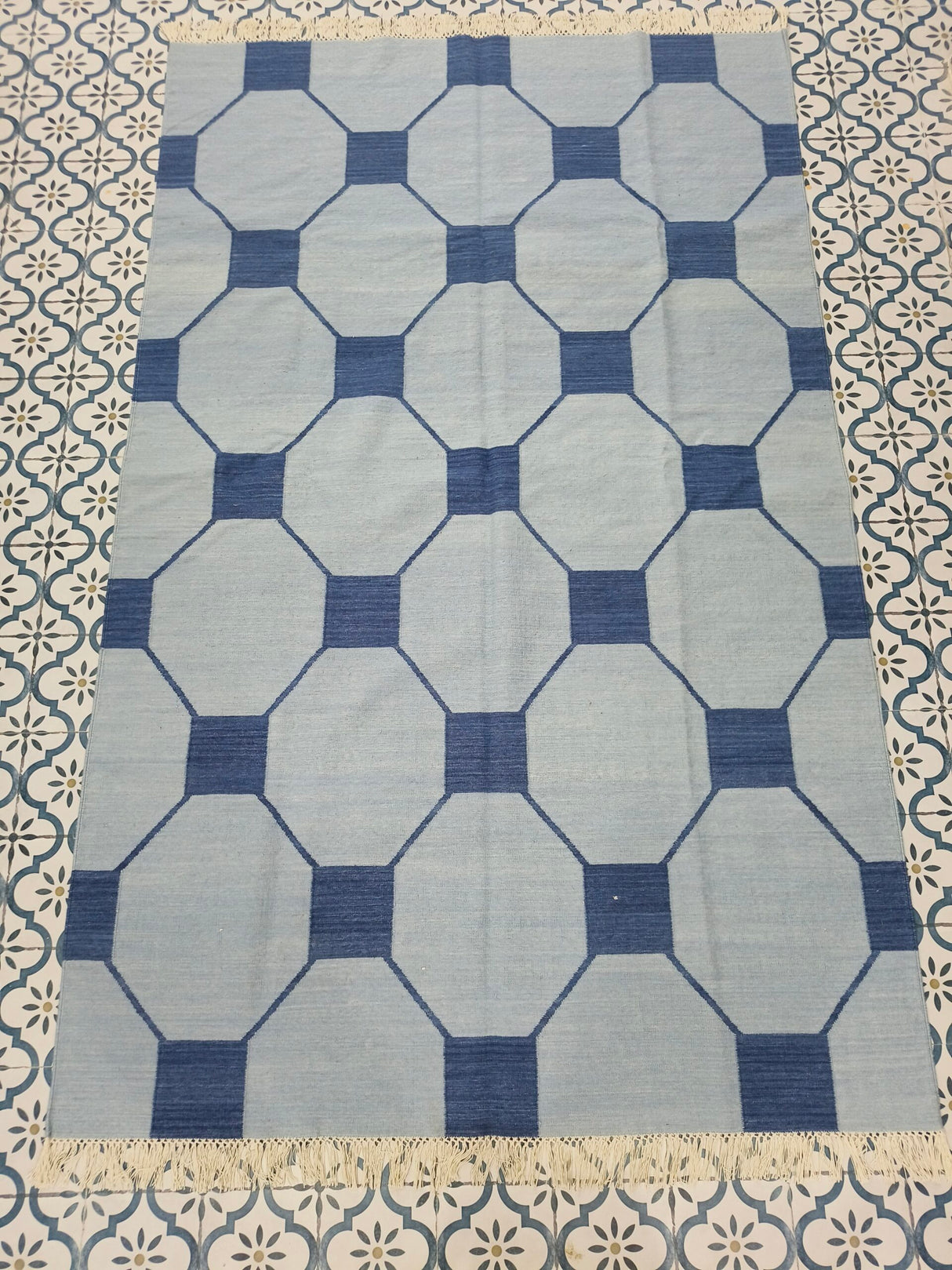 Blue And Navy Neutral Wool Cotton Rug , Handmade Modern Kilim Woven Rug