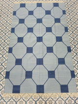 Blue And Navy Neutral Wool Cotton Rug , Handmade Modern Kilim Woven Rug