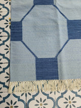 Blue And Navy Neutral Wool Cotton Rug , Handmade Modern Kilim Woven Rug