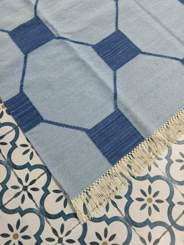 Blue And Navy Neutral Wool Cotton Rug , Handmade Modern Kilim Woven Rug