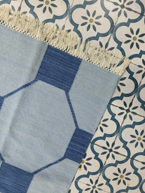 Blue And Navy Neutral Wool Cotton Rug , Handmade Modern Kilim Woven Rug
