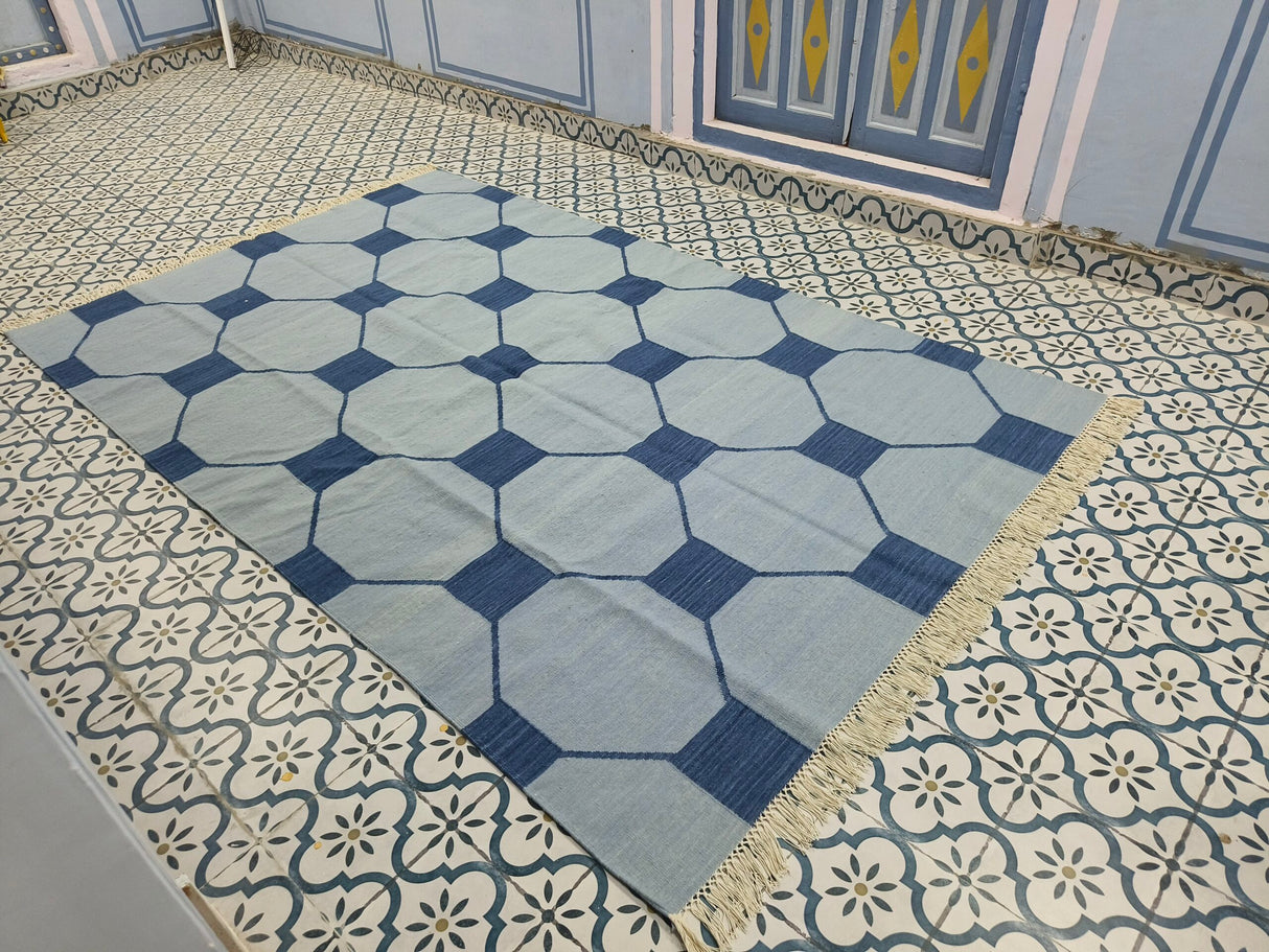 Blue And Navy Neutral Wool Cotton Rug , Handmade Modern Kilim Woven Rug