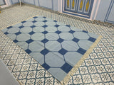 Blue And Navy Neutral Wool Cotton Rug , Handmade Modern Kilim Woven Rug