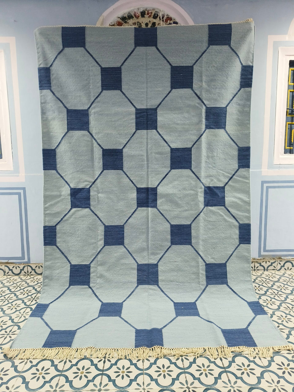 Blue And Navy Neutral Wool Cotton Rug , Handmade Modern Kilim Woven Rug
