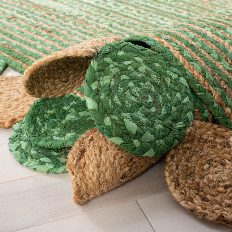 Hand Woven Green Jute Cotton Rug
