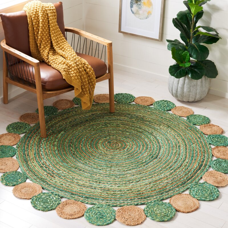 Hand Woven Green Jute Cotton Rug