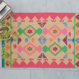 Dhurrie Rugs Green And Pink Cotton Wool Rug
