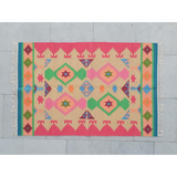 Dhurrie Rugs Green And Pink Cotton Wool Rug