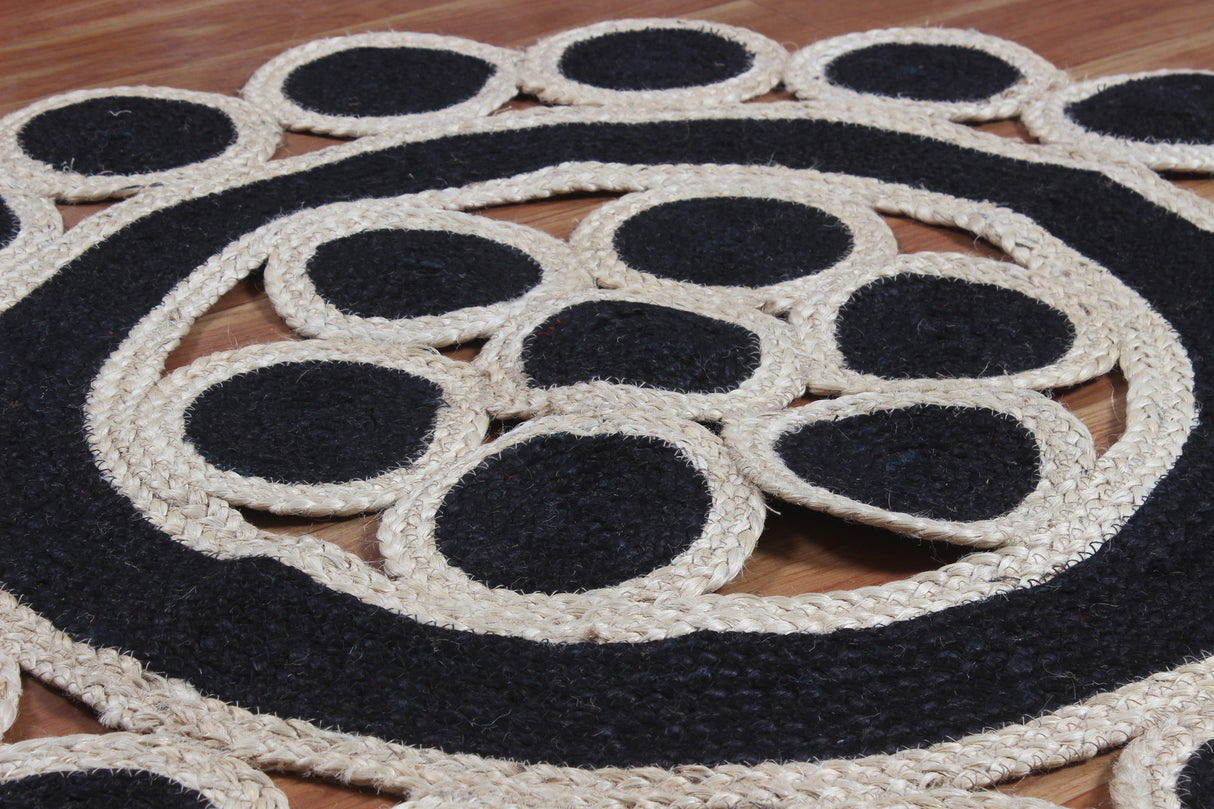 Handmade Round Design Ivory-Black Jute Rug