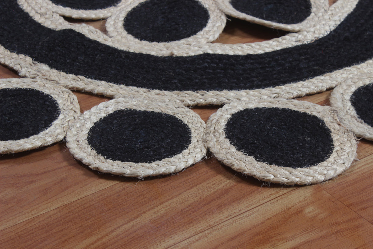 Handmade Round Design Ivory-Black Jute Rug
