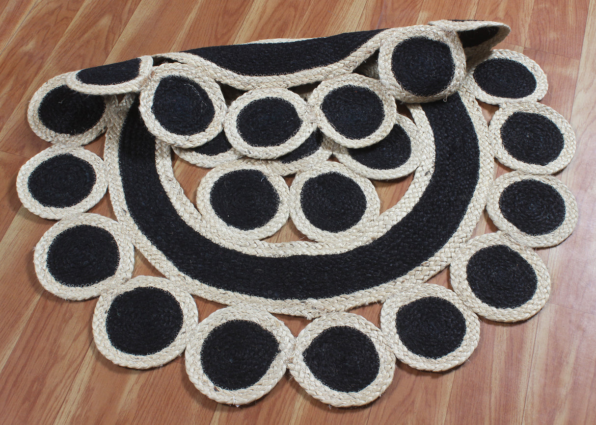 Handmade Round Design Ivory-Black Jute Rug