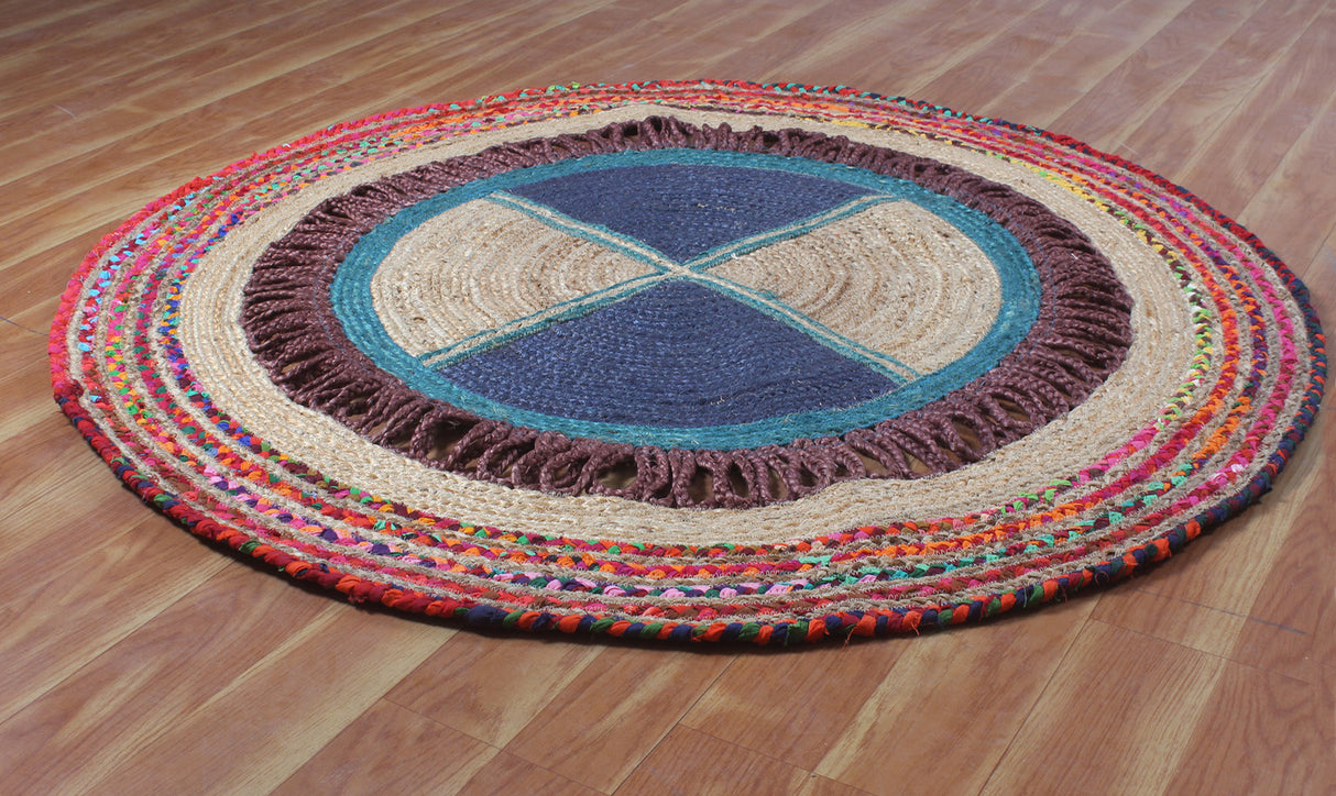 Cotton Jute Rug, Braiged Chindi Floor Rug, Round Natural Rug