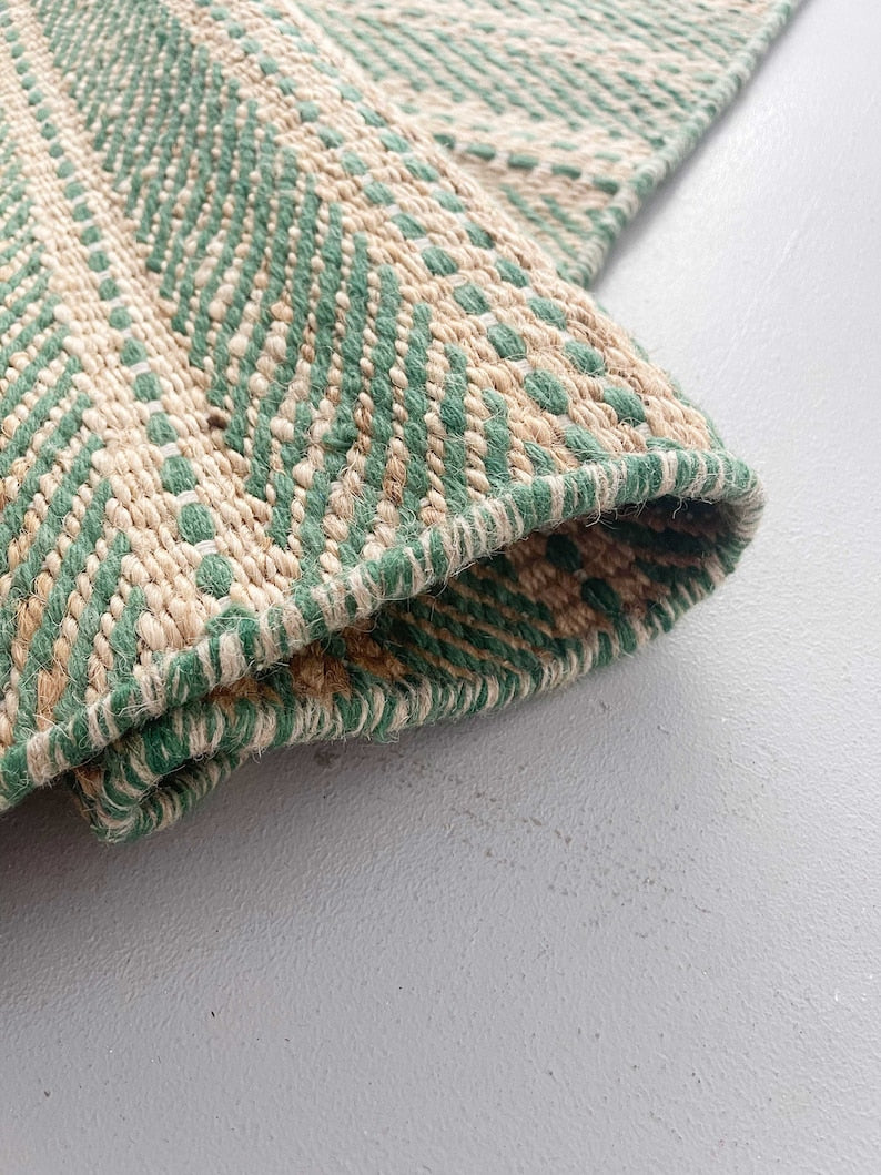 Green Wool And Jute Rug, Rug For Living Room Decor Rug