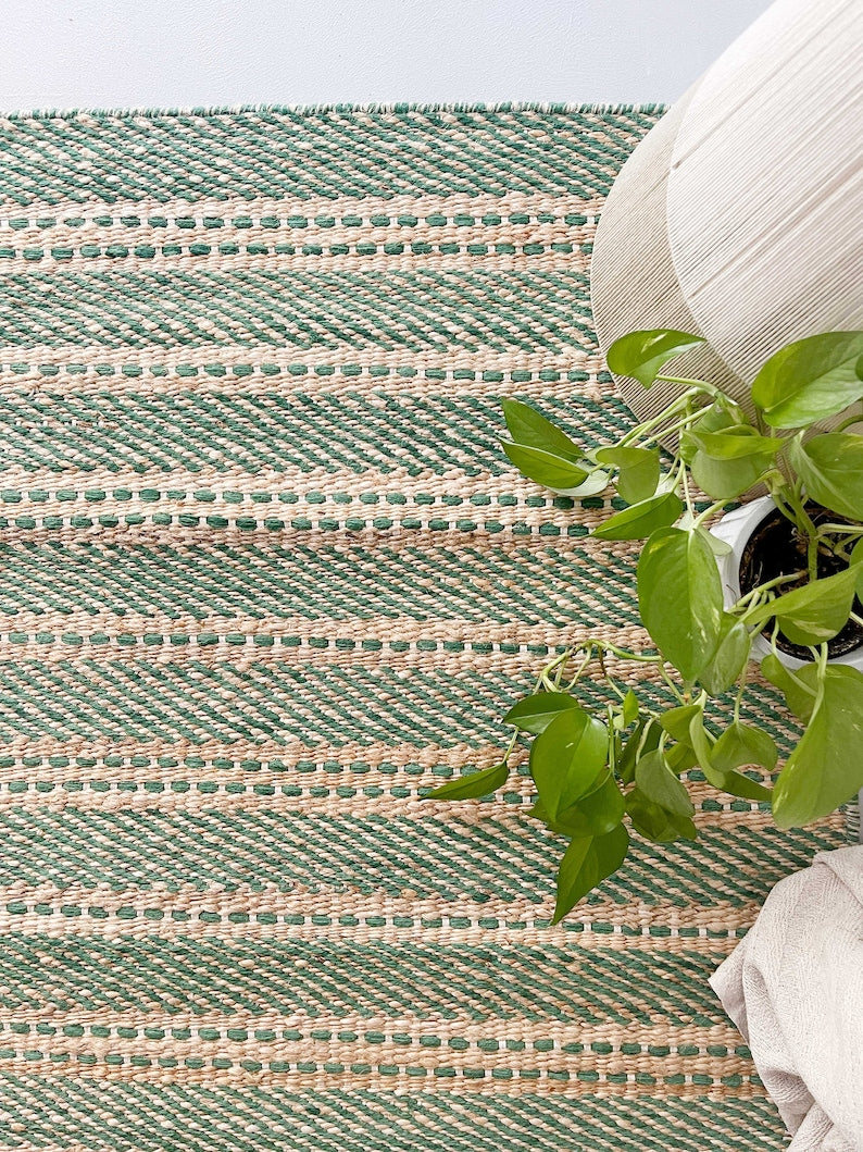 Green Wool And Jute Rug, Rug For Living Room Decor Rug