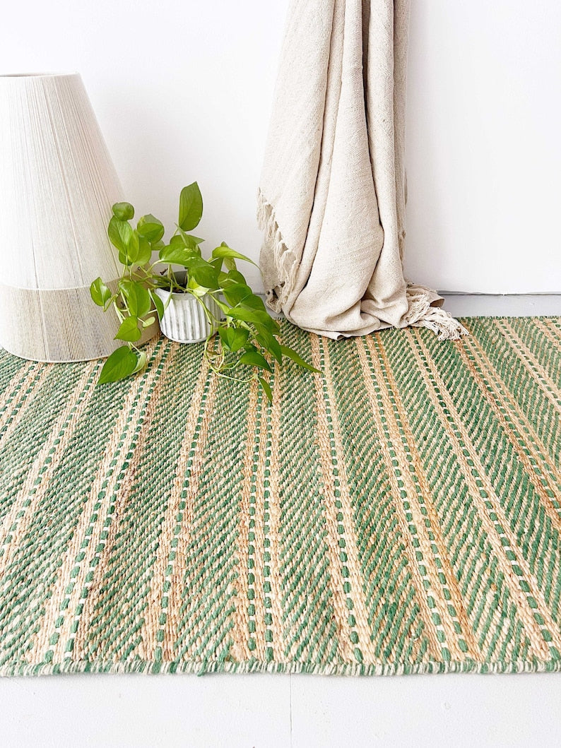Green Wool And Jute Rug, Rug For Living Room Decor Rug