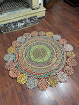Multicolor Natural Round Jute Rug, Boho Round Straw Rug, Luxury Home Decor