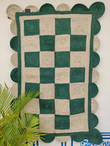 Checkered green & Natural Rug, Jute Braided scalloped rug