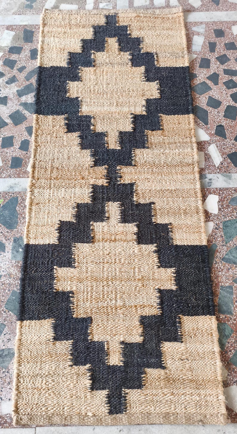 Geometric Pattern Jute Runner Black and Begie