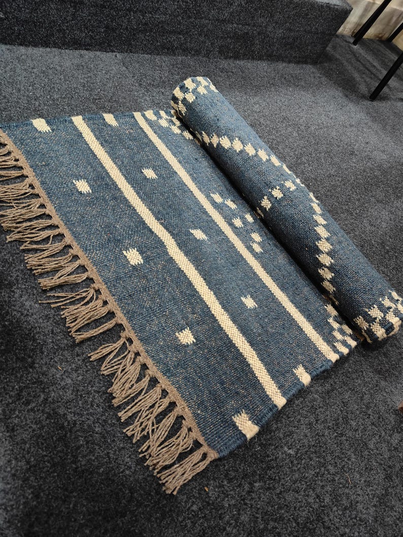 Handwoven Black Wool And Jute Runner/Handmade Kilim Runner Rug For Stair Decor