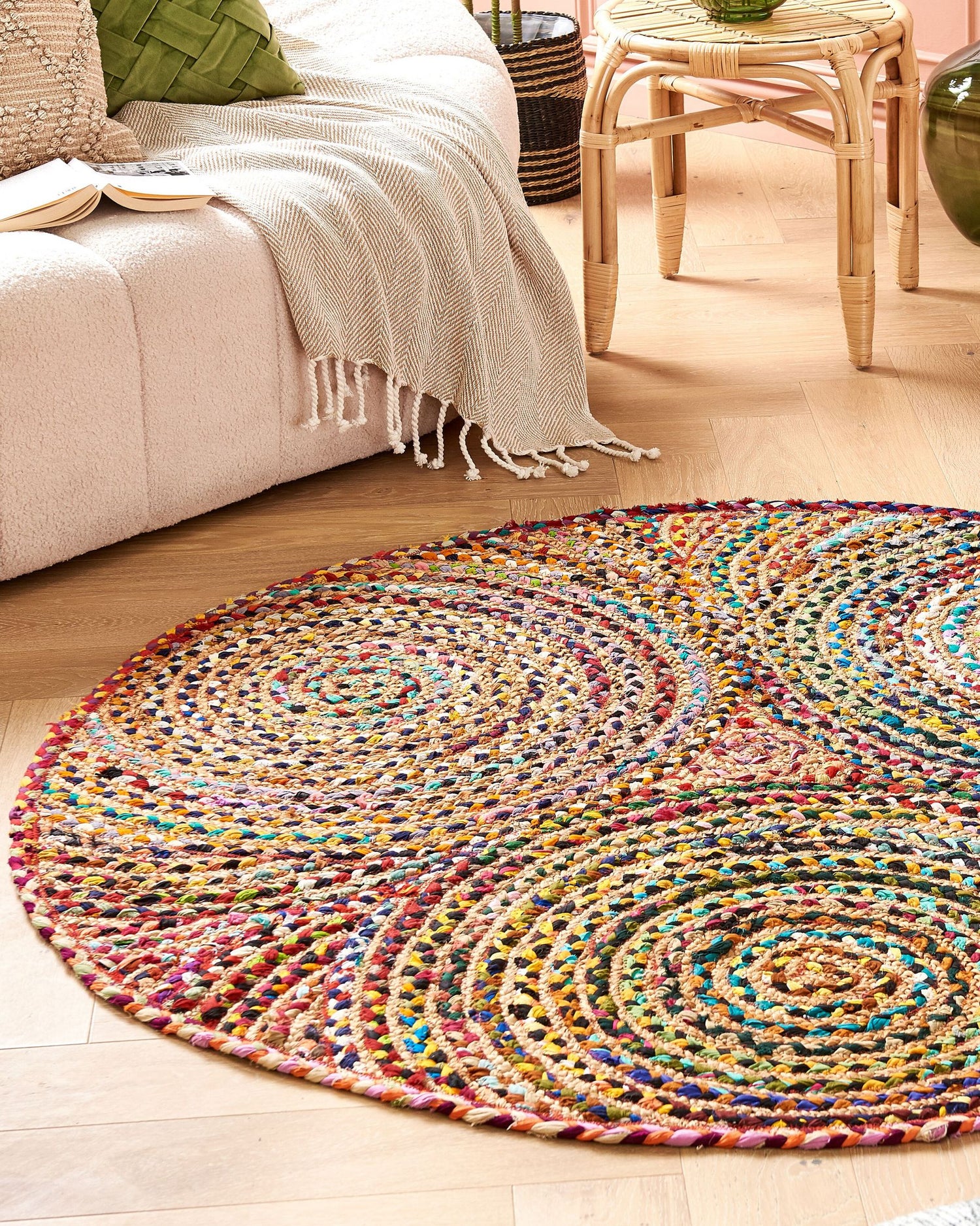 Round Handwoven Cotton Jute Rug – Multicolour Area Rug for Home Décor