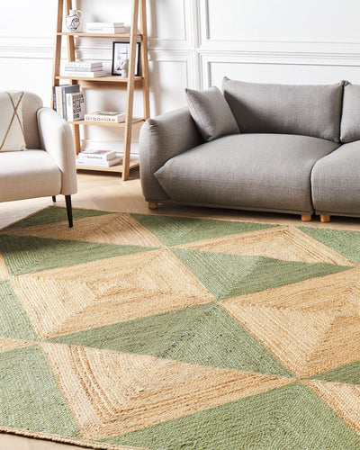 Eco-Friendly Green and Beige Jute Rug – Handwoven Braided Carpet for Any Room